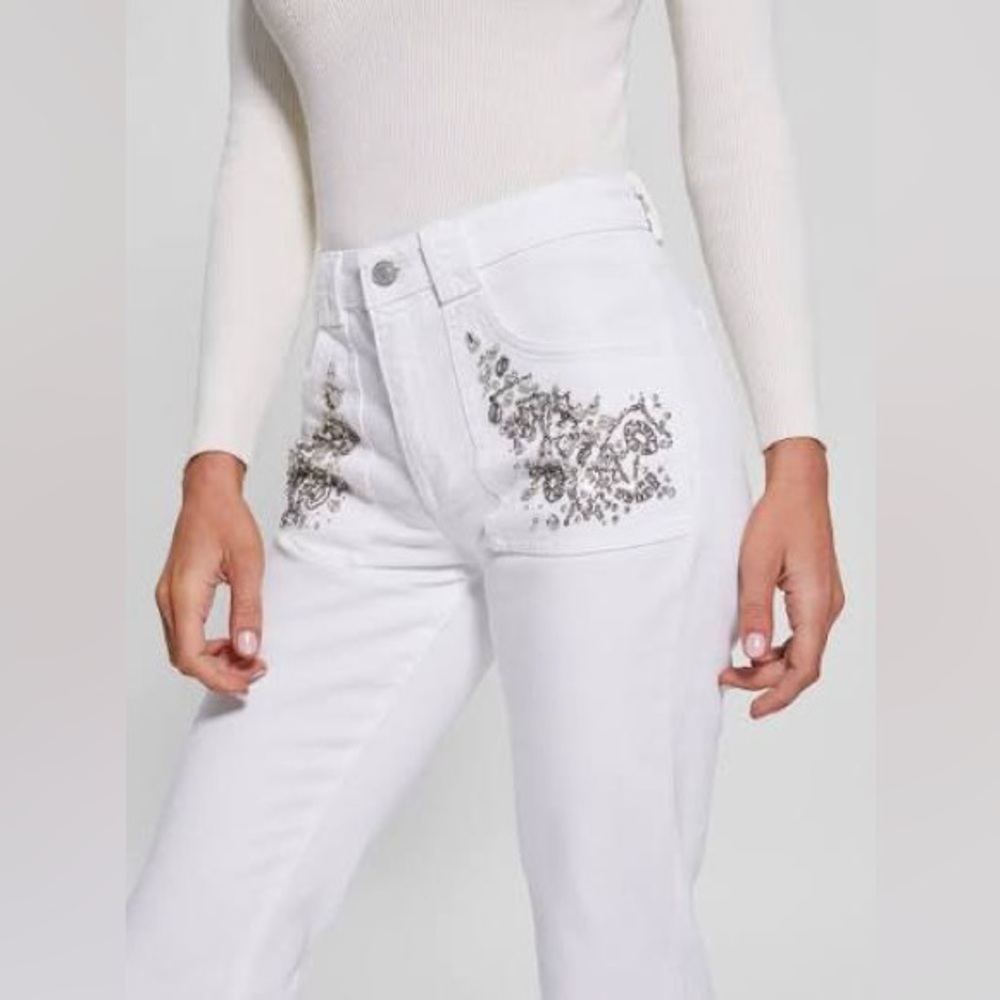 New Guess White Flare Jeans with Floral Embroidery SZ 26 - Picture 2 of 11
